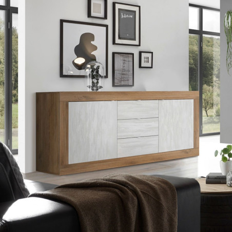 Buffet 2 portes 3 tiroirs bois blanc texturé - OTELIA
