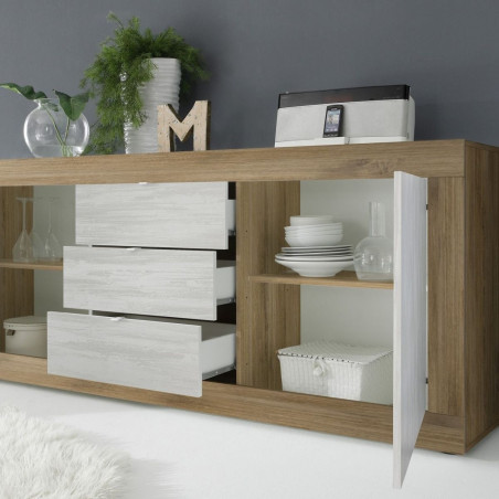 Buffet 2 portes 3 tiroirs bois blanc texturé - OTELIA