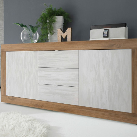 Buffet 2 portes 3 tiroirs bois blanc texturé - OTELIA