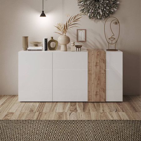 Buffet 3 Portes Laqué Blanc et Aspect Bois Finition Cadiz - VESIRA