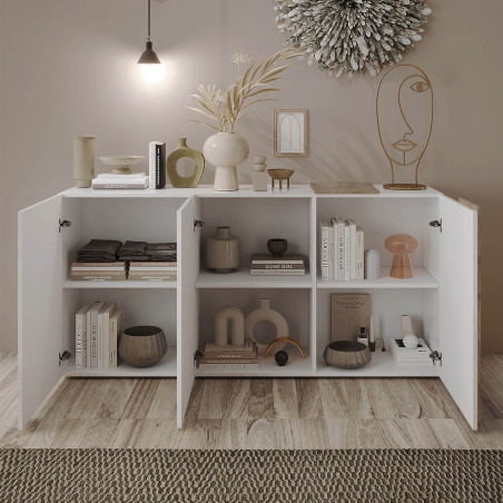 Buffet 3 Portes Laqué Blanc et Aspect Bois Finition Cadiz - VESIRA