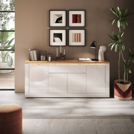 Buffet 4 portes 1 tiroir blanc et plateau chêne avec LED - ISALIN