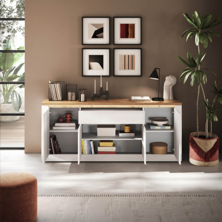 Buffet 4 portes 1 tiroir blanc et plateau chêne avec LED - ISALIN