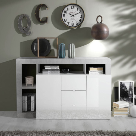 Buffet 2 Portes 3 Tiroirs Blanc Laqué Aspect Cimento - ARTIRA