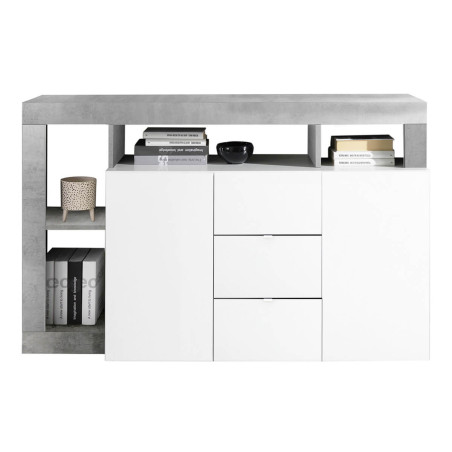 Buffet 2 Portes 3 Tiroirs Blanc Laqué Aspect Cimento - ARTIRA