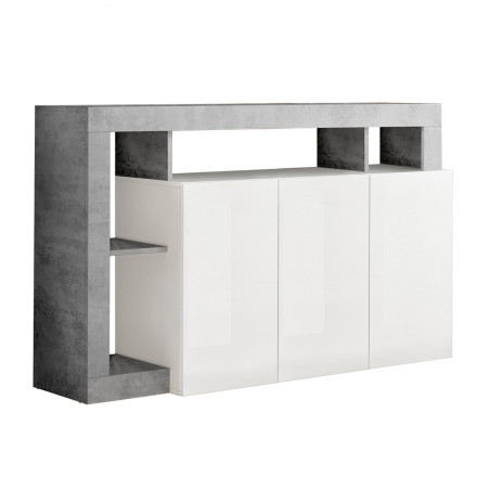 Buffet 3 Portes Blanc Laqué Encadrement Niches Aspect Cimento - ARTIRA