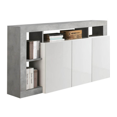 Buffet 3 Portes Blanc Laqué Encadrement Niches Aspect Cimento - ARTIRA