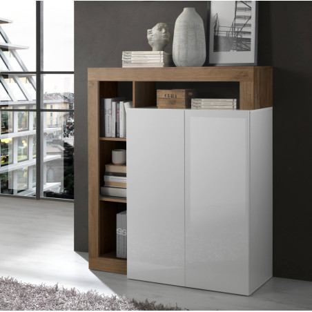 Meuble Bar 2 Portes Blanc Laqué Encadrement Niches Chêne - ARTIRA