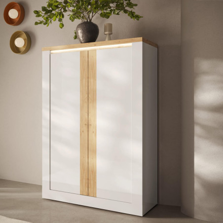Rangement 2 portes blanc et aspect chêne finition Cadiz avec LED - ISALIN