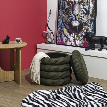 Pouf rangement rond tissu texturé maille 3D kaki - DETROY