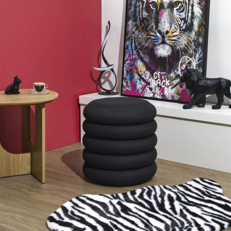 Pouf rangement rond en tissu texturé maille 3D noir - DETROY