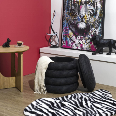 Pouf rangement rond en tissu texturé maille 3D noir - DETROY
