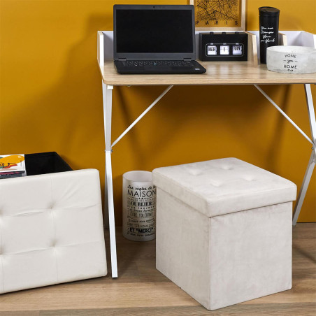 Pouf-coffre pliable capitonné suédine blanc - PAULO