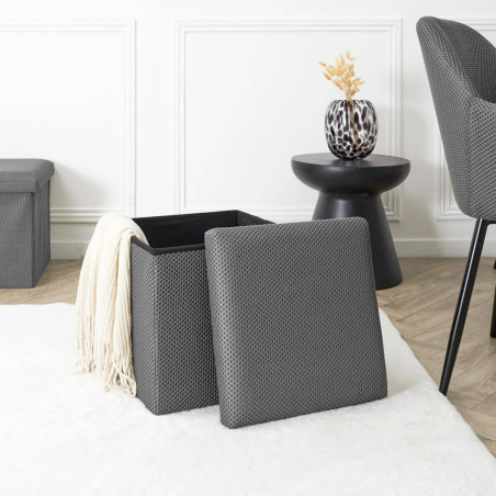Pouf coffre carré pliable tissu maille 3D gris - DETROY
