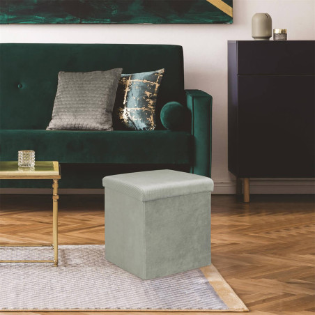 Pouf coffre carré en velours côtelé gris - ALESIA