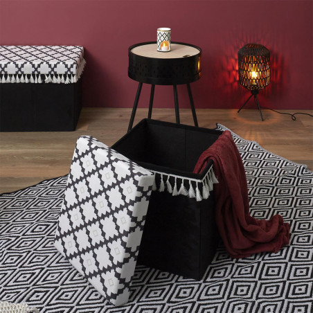 Pouf-Coffre Pliable Noir Motif Géométrique - MINEO