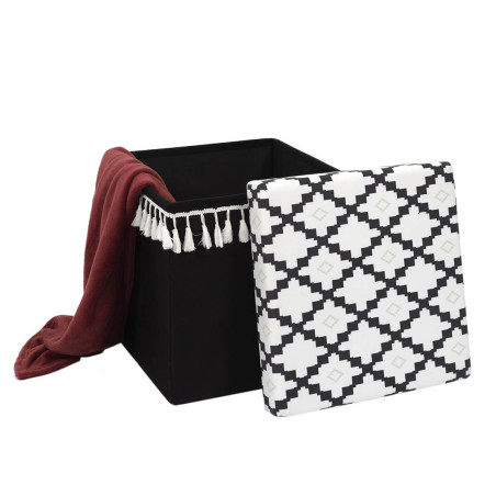 Pouf-Coffre Pliable Noir Motif Géométrique - MINEO