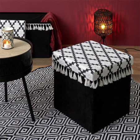 Pouf-Coffre Pliable Noir Motif Géométrique - MINEO