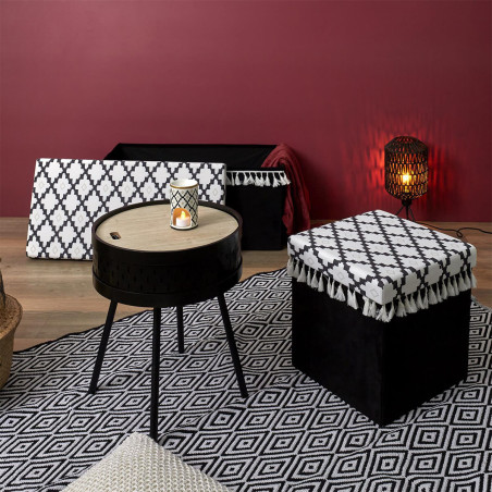 Pouf-Coffre Pliable Noir Motif Géométrique - MINEO