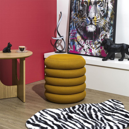 Pouf rangement rond en tissu texturé maille 3D jaune - DETROY