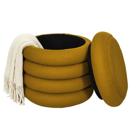 Pouf rangement rond en tissu texturé maille 3D jaune - DETROY