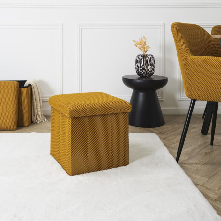 Pouf coffre carré pliable tissu texturé maille 3D jaune - DETROY