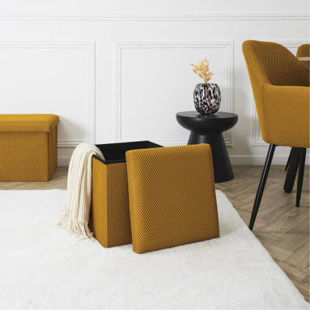 Pouf coffre carré pliable tissu texturé maille 3D jaune - DETROY