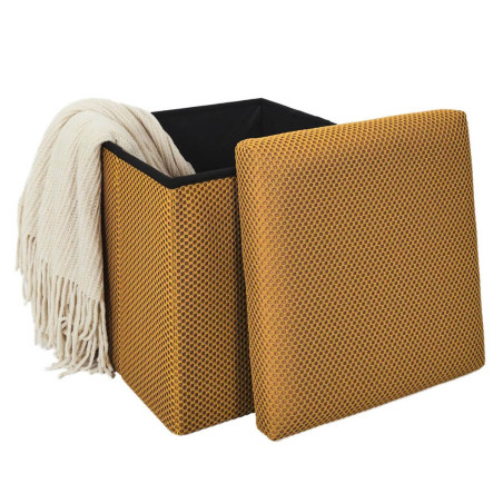 Pouf coffre carré pliable tissu texturé maille 3D jaune - DETROY