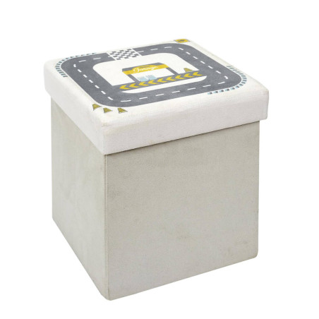 Pouf-Coffre Pliable Velours Gris Clair Motif Circuit - CHILO