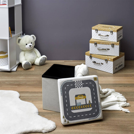 Pouf-Coffre Pliable Velours Gris Clair Motif Circuit - CHILO