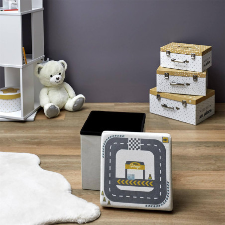 Pouf-Coffre Pliable Velours Gris Clair Motif Circuit - CHILO
