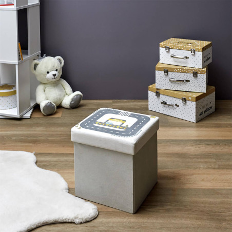Pouf-Coffre Pliable Velours Gris Clair Motif Circuit - CHILO