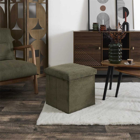 Pouf coffre pliable côtelé vert 38x38 cm - AMORA