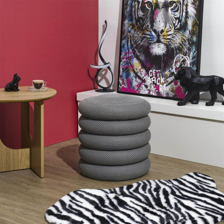Pouf rangement rond tissu texturé maille 3D gris - DETROY