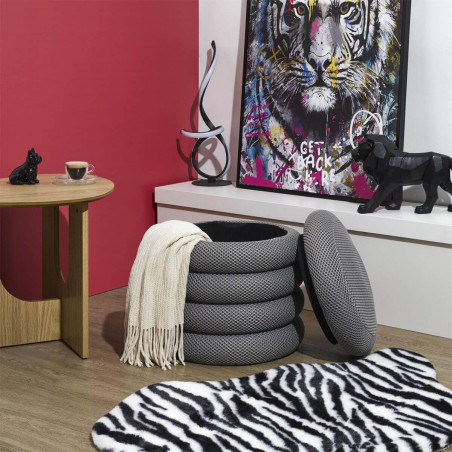 Pouf rangement rond tissu texturé maille 3D gris - DETROY