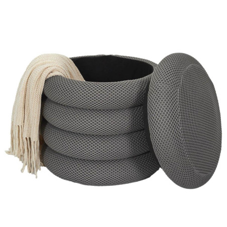 Pouf rangement rond tissu texturé maille 3D gris - DETROY