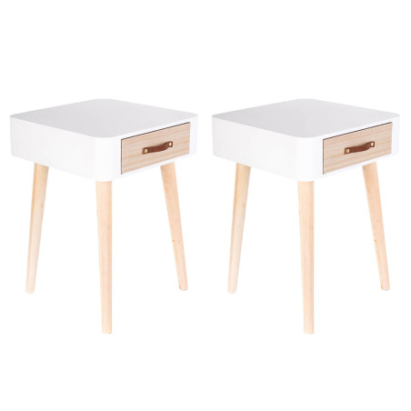 Lot de 2 chevets carrés 1 tiroir blanc et bois - CARIO