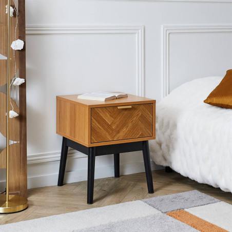 Chevet 1 Tiroir Aspect Bois Décor Chevron Piétement Noir - SIXIA