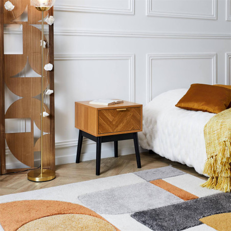 Chevet 1 Tiroir Aspect Bois Décor Chevron Piétement Noir - SIXIA
