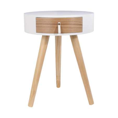 Chevet rond 1 tiroir blanc et effet bois scandinave vintage - MEALEN