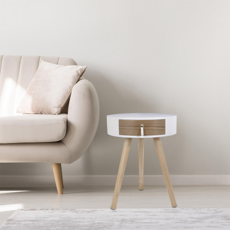 Chevet rond 1 tiroir blanc et effet bois scandinave vintage - MEALEN