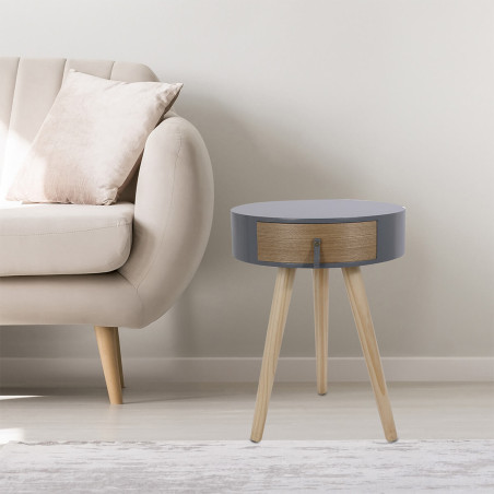 Chevet rond 1 tiroir gris et effet bois style scandinave vintage - MEALEN