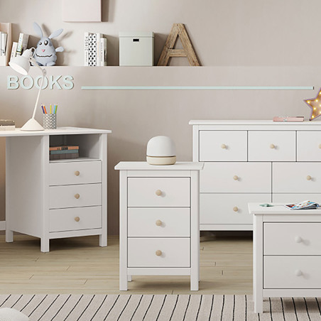 Chevet 3 tiroirs en pin massif blanc - DIVA