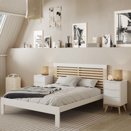 Chevet scandinave 3 tiroirs pin massif naturel et blanc - LAUCARIO