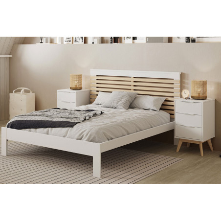 Chevet scandinave 3 tiroirs pin massif naturel et blanc - LAUCARIO