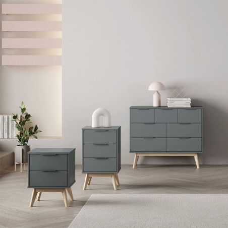 Chevet 3 Tiroirs Scandinave en MDF et Pin Massif Gris Vert - CANEN