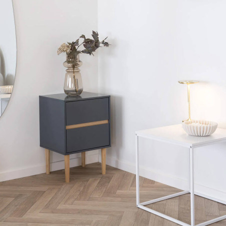 Chevet 2 Tiroirs MDF Gris Foncé et Bois Naturel - AVELIA