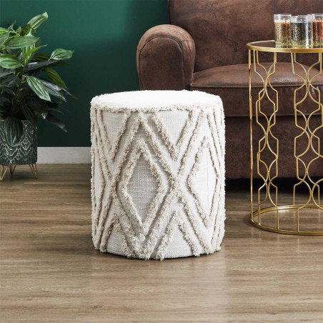 Pouf tissu relief ton sur ton bohème beige - RAMIN