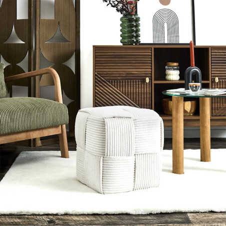 Pouf cube en velours côtelé crème - AMORA