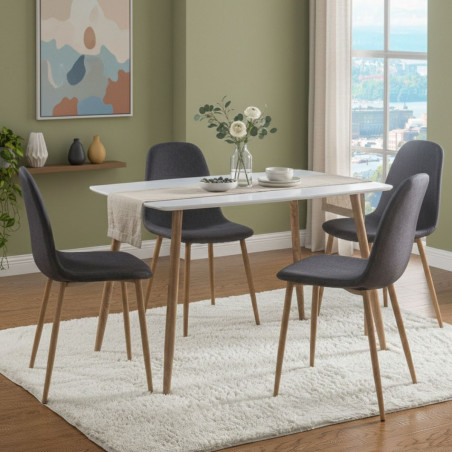 Ensemble repas table blanche + 4 chaises assises gris foncé - LEONIDOR